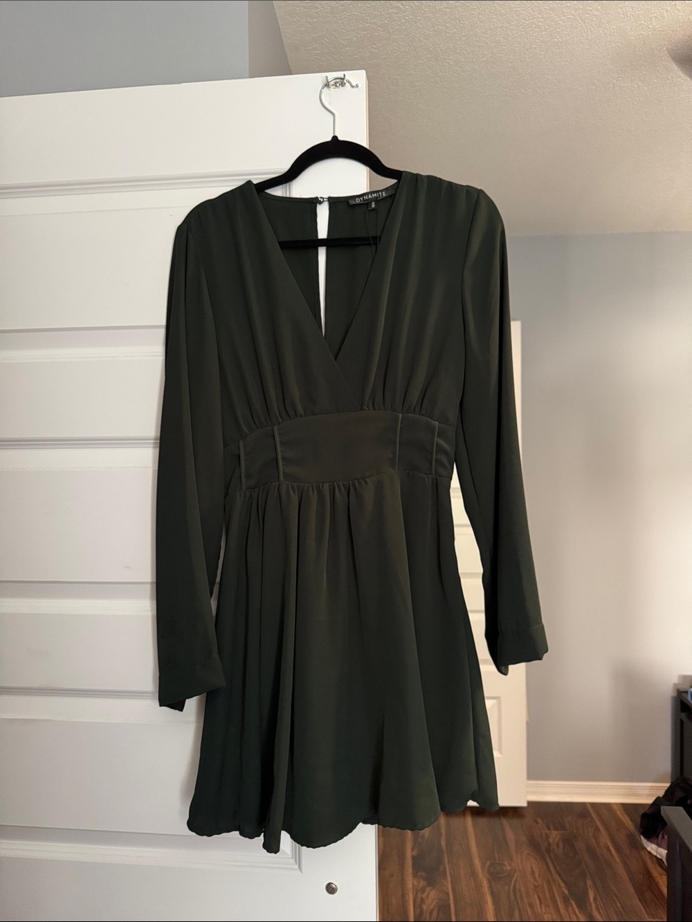Dynamite Olive Green Long-Sleeve V-Neck Skater Dress